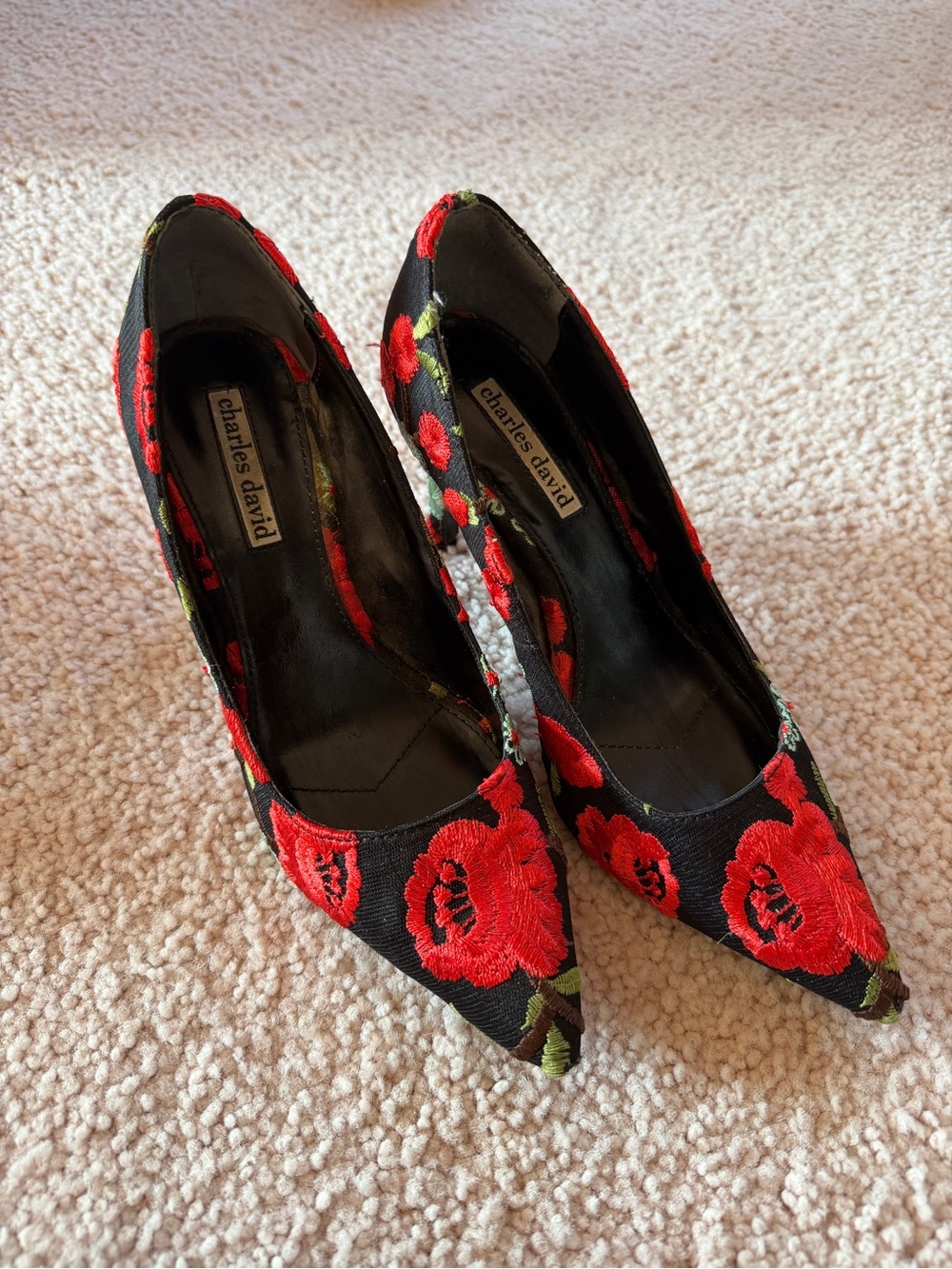 Charles David Women's Black Pumps with Red and Green Floral Embroidery